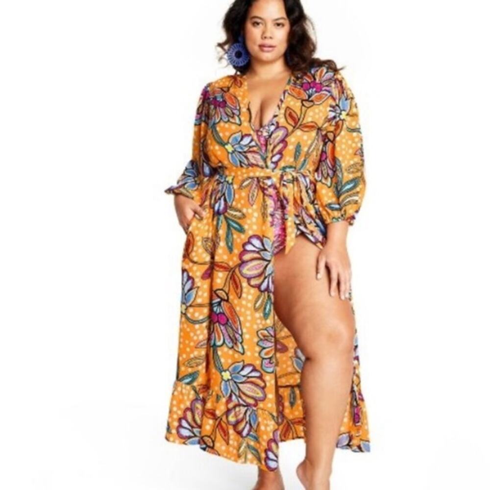 NWT Tabitha Brown Orange Floral Swim Cover-up Kimono XL